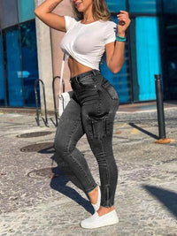High Waist Cargo Skinny Zipper Ankle Jeans - Jessiz Boutique