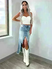 High Waist Raw Edge Denim Skirt - Jessiz Boutique