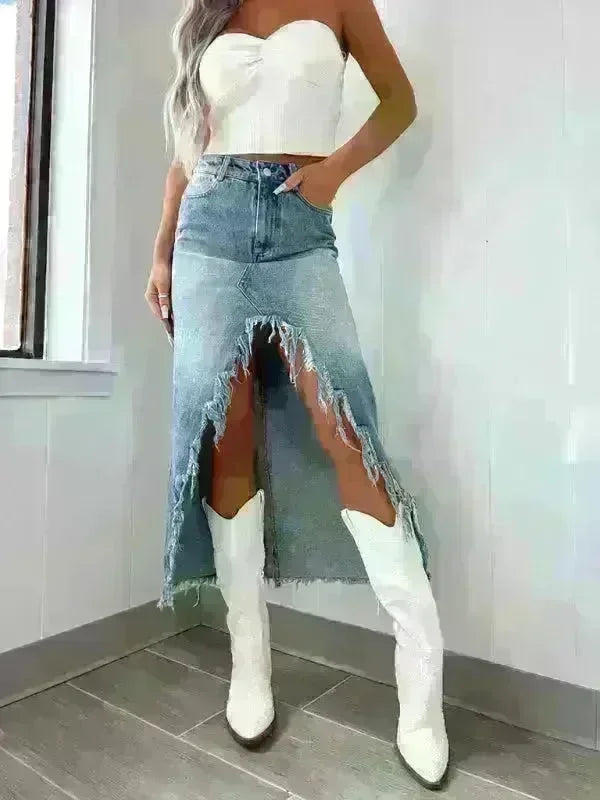 High Waist Raw Edge Denim Skirt - Jessiz Boutique