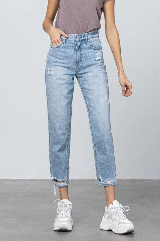 High Waist Ripped Hem Tapered Jeans - Jessiz Boutique