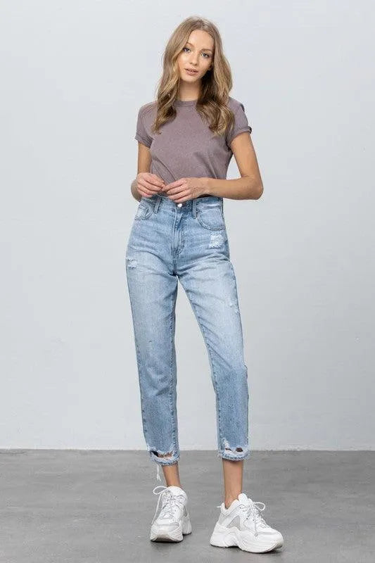 High Waist Ripped Hem Tapered Jeans - Jessiz Boutique