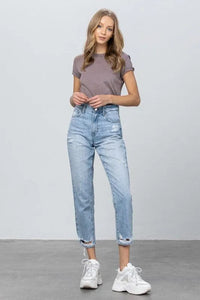 High Waist Ripped Hem Tapered Jeans - Jessiz Boutique