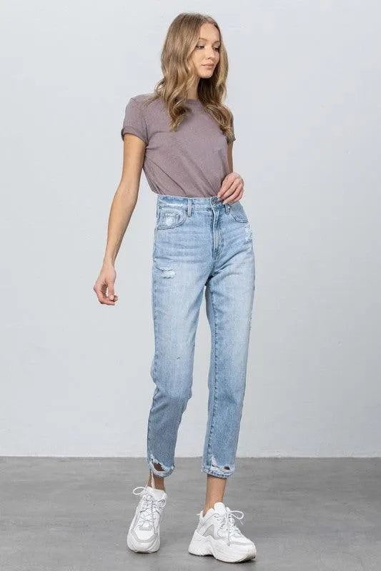 High Waist Ripped Hem Tapered Jeans - Jessiz Boutique