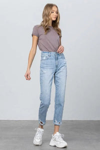 High Waist Ripped Hem Tapered Jeans - Jessiz Boutique