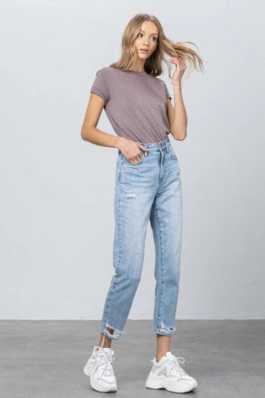 High Waist Ripped Hem Tapered Jeans - Jessiz Boutique