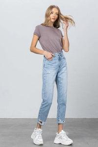 High Waist Ripped Hem Tapered Jeans - Jessiz Boutique