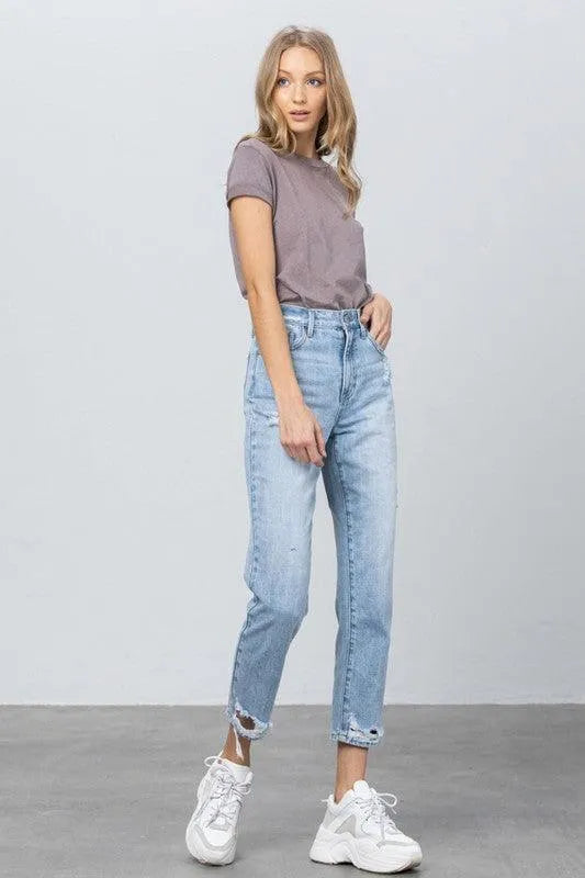 High Waist Ripped Hem Tapered Jeans - Jessiz Boutique