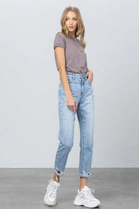 High Waist Ripped Hem Tapered Jeans - Jessiz Boutique