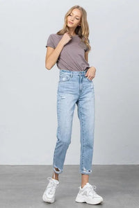 High Waist Ripped Hem Tapered Jeans - Jessiz Boutique