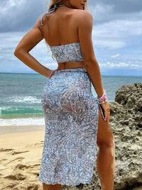 Bikini Three-Piece Long Mesh Skirt Cashew Flower Print Women's Swimsuit