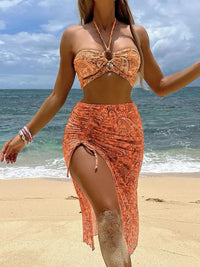 Bikini Three-Piece Long Mesh Skirt Cashew Flower Print Women's Swimsuit
