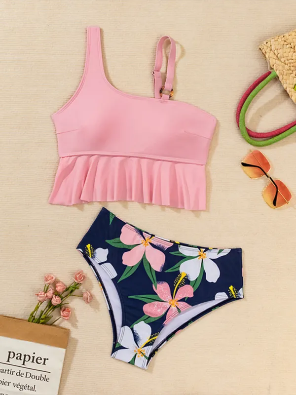 High Waist Bikini Ruffle Leaf Print Swimsuit
