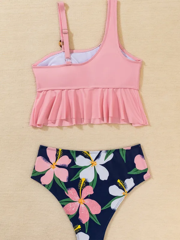 High Waist Bikini Ruffle Leaf Print Swimsuit