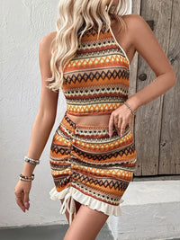Sleeveless Halter Neck Drawstring Skirt Two-Piece Set