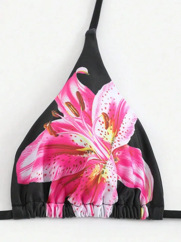 Retro Flower Print Tropical Skirt Beach Three-Piece Set