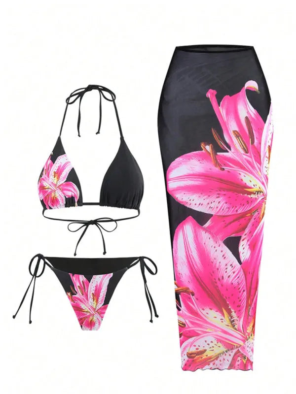 Retro Flower Print Tropical Skirt Beach Three-Piece Set