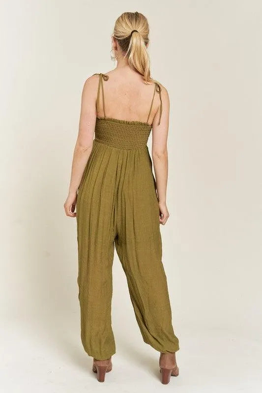 Jade By Jane Smocked Tie Strap Jumpsuit - Jessiz Boutique