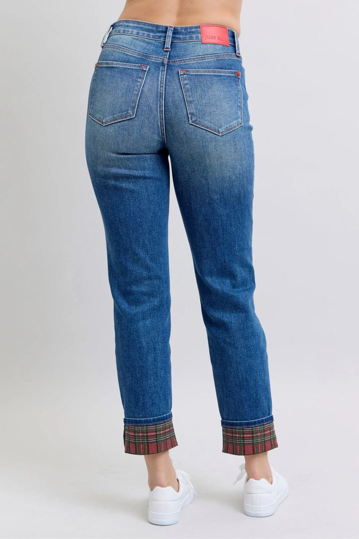 Judy Blue Full Size Plaid Print Cuff Straight Leg Jeans with Pockets - Jessiz Boutique