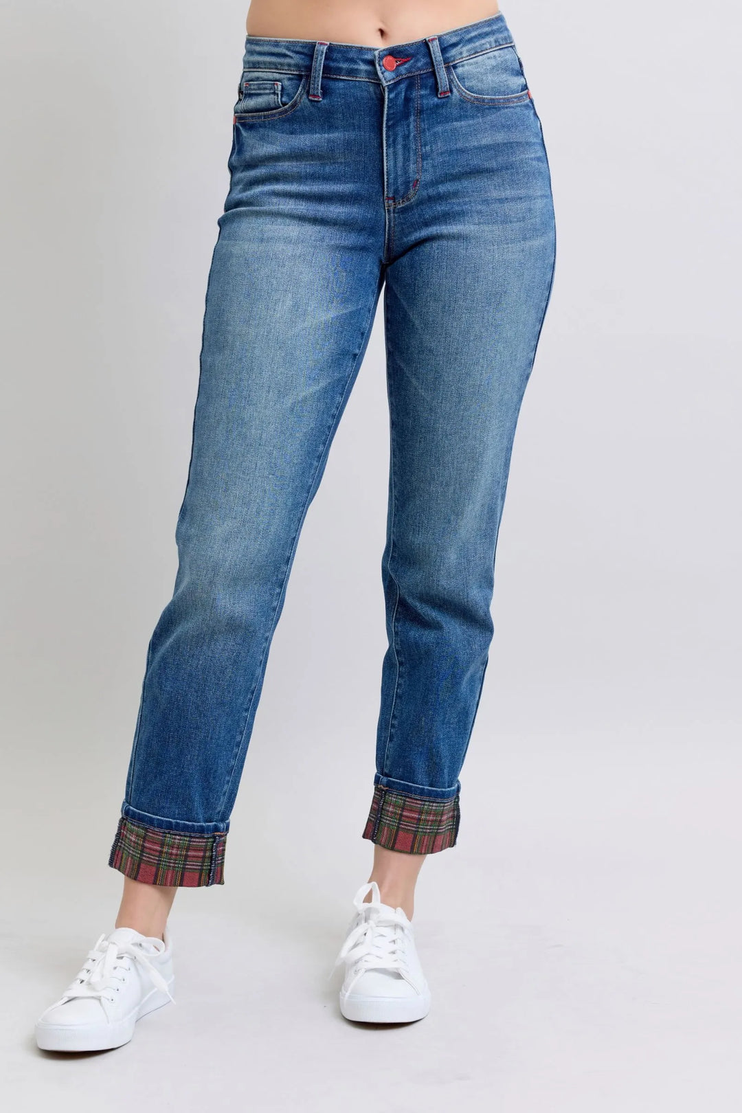 Judy Blue Full Size Plaid Print Cuff Straight Leg Jeans with Pockets - Jessiz Boutique