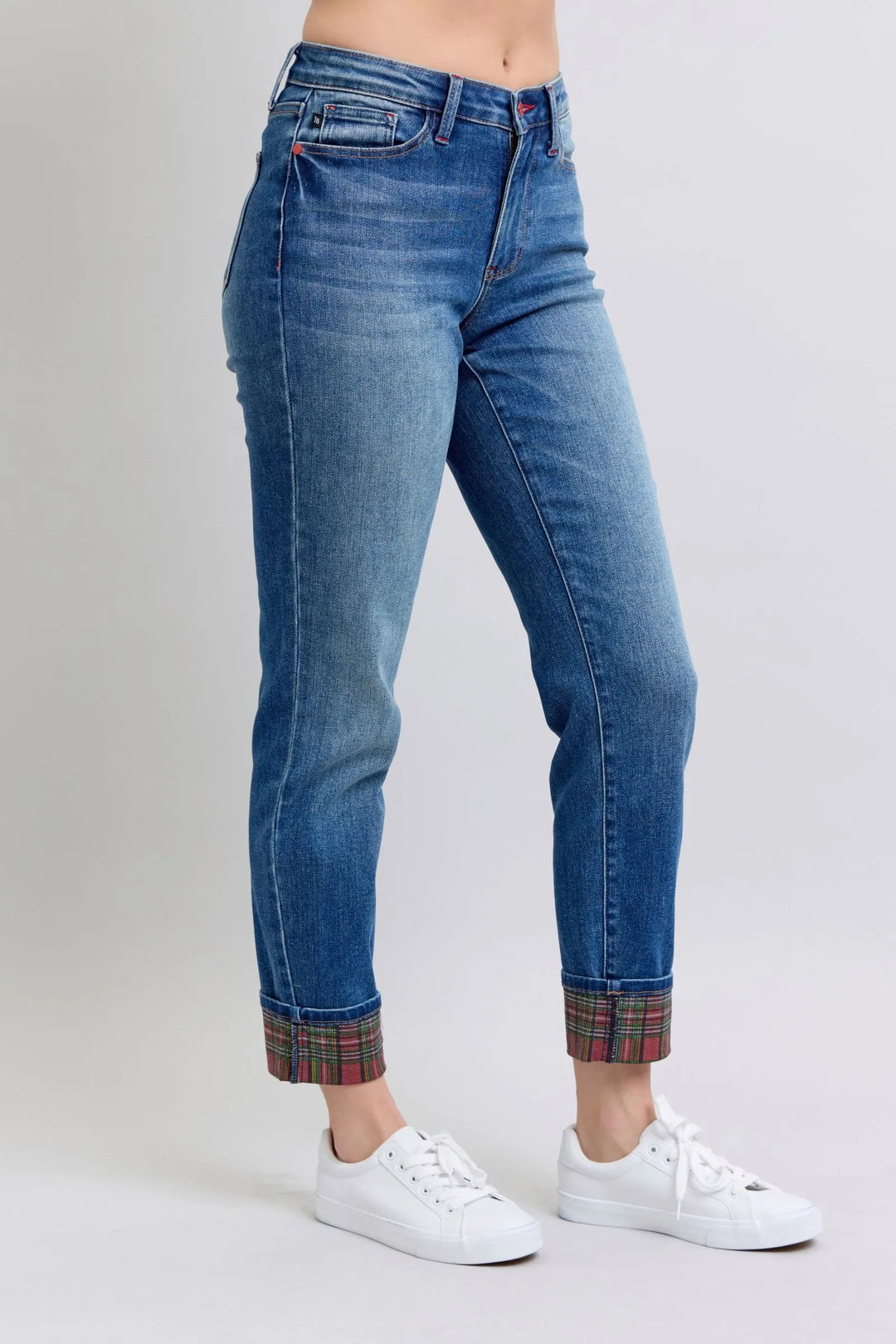 Judy Blue Full Size Plaid Print Cuff Straight Leg Jeans with Pockets - Jessiz Boutique