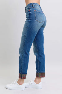 Judy Blue Full Size Plaid Print Cuff Straight Leg Jeans with Pockets - Jessiz Boutique