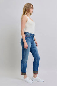 Judy Blue Full Size Plaid Print Cuff Straight Leg Jeans with Pockets - Jessiz Boutique