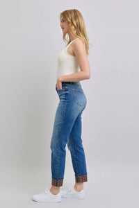 Judy Blue Full Size Plaid Print Cuff Straight Leg Jeans with Pockets - Jessiz Boutique