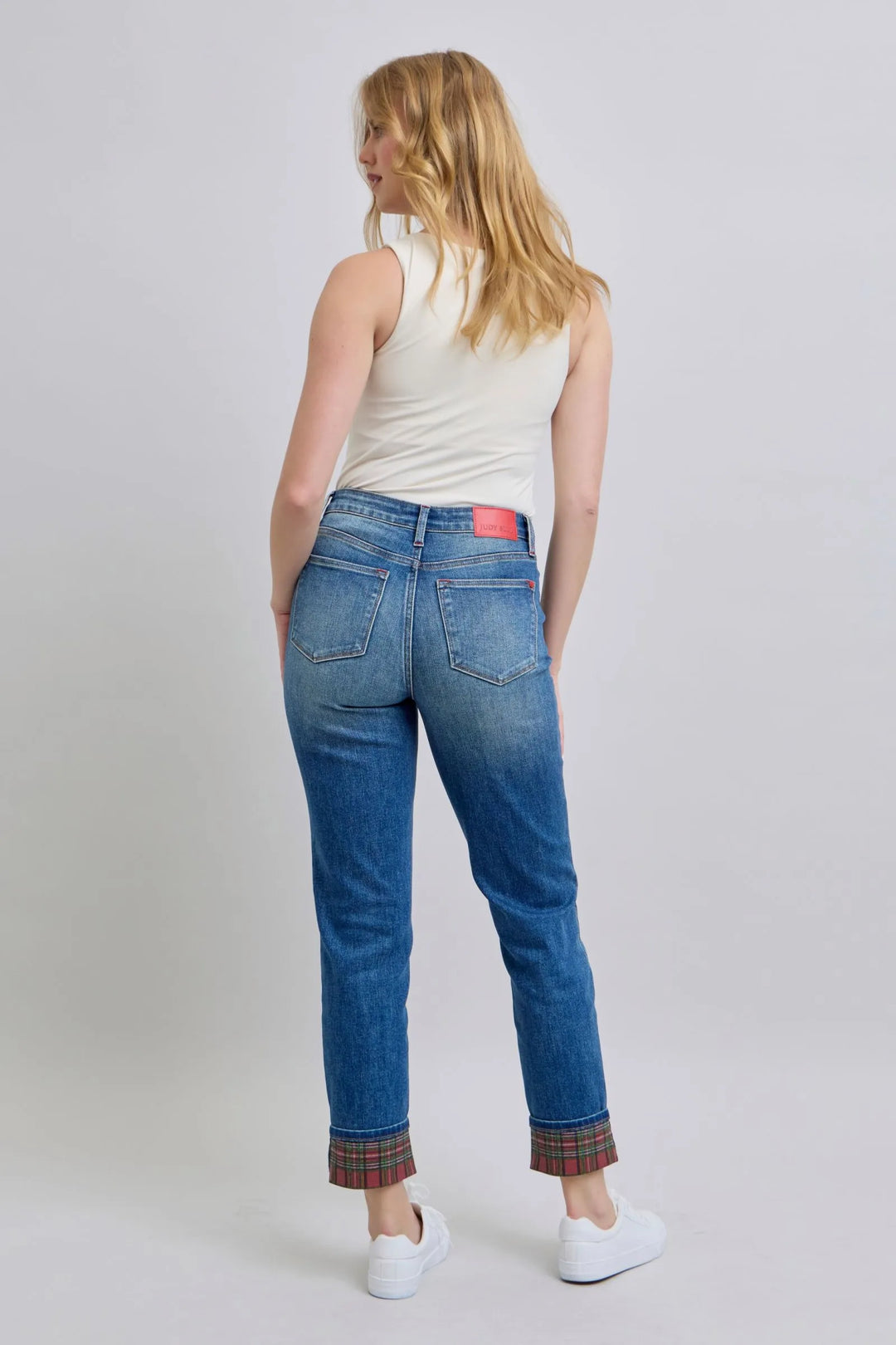 Judy Blue Full Size Plaid Print Cuff Straight Leg Jeans with Pockets - Jessiz Boutique