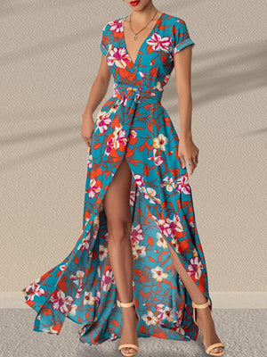 Lace-Up Printed Waist Slit Dress - Jessiz Boutique Lace-Up Printed Waist Slit Dress - Jessiz Boutique