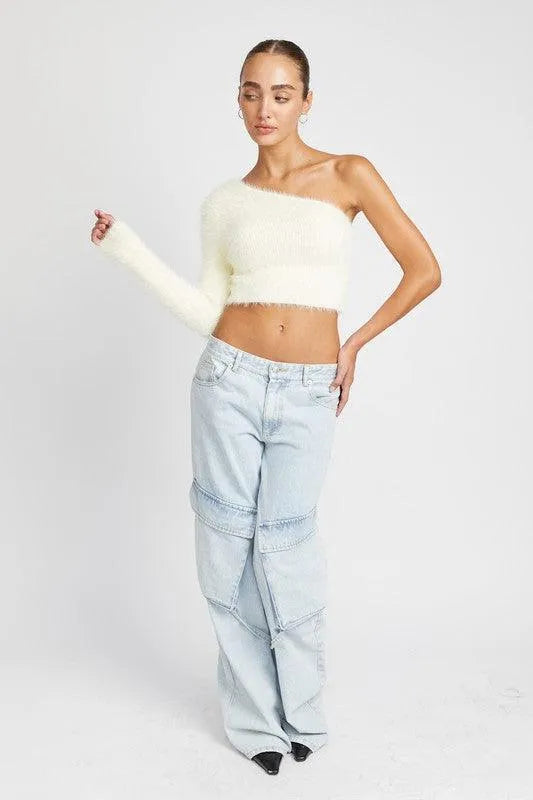 One Shoulder Fluffy Sweater Top - Jessiz Boutique