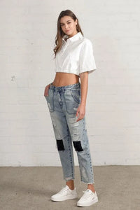 Raw Hem Patched Jeans - Jessiz Boutique