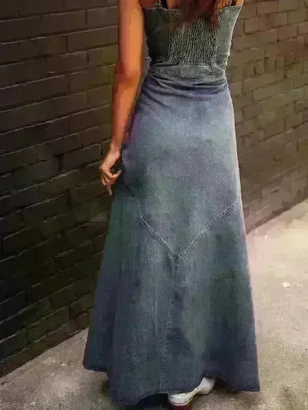 Retro Denim Washed Distressed Slim Fit Buttoned Long Swing Dress - Jessiz Boutique