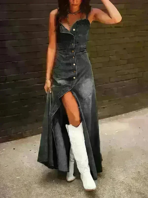 Retro Denim Washed Distressed Slim Fit Buttoned Long Swing Dress - Jessiz Boutique