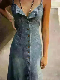 Retro Denim Washed Distressed Slim Fit Buttoned Long Swing Dress - Jessiz Boutique