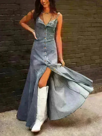 Retro Denim Washed Distressed Slim Fit Buttoned Long Swing Dress - Jessiz Boutique