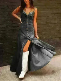 Retro Denim Washed Distressed Slim Fit Buttoned Long Swing Dress - Jessiz Boutique