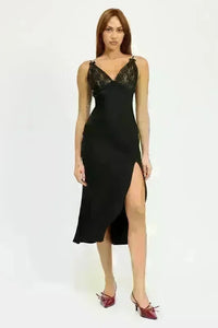 Satin Lace Cami Midi Dress with Slit - Jessiz Boutique