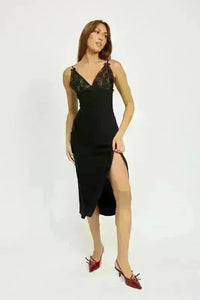Satin Lace Cami Midi Dress with Slit - Jessiz Boutique