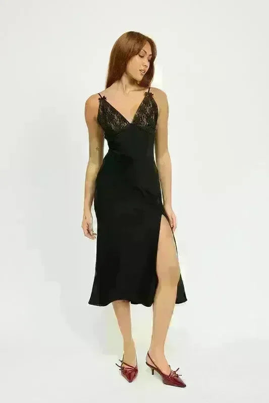 Satin Lace Cami Midi Dress with Slit - Jessiz Boutique