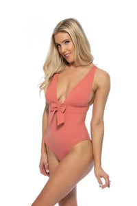 Solid Halter Bow Tie Front One Piece Swimsuit - Jessiz Boutique