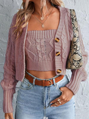Women’s Tube Cable Knit Long Sleeve Cropped Cardigan Set - Jessiz Boutique Women’s Tube Cable Knit Long Sleeve Cropped Cardigan Set - Jessiz Boutique