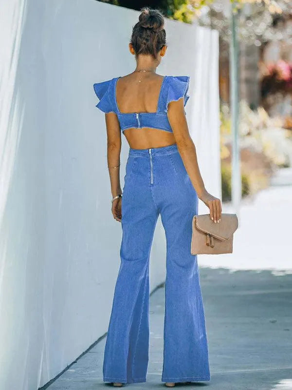 Denim Ruffle Flared Jumpsuit - Jessiz Boutique