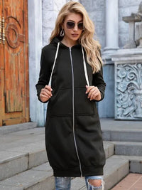 Double Take Zip-Up Longline Hoodie with Pockets - Jessiz Boutique