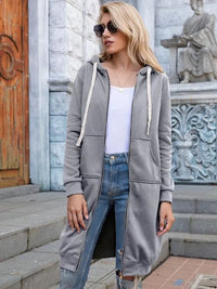 Double Take Zip-Up Longline Hoodie with Pockets - Jessiz Boutique