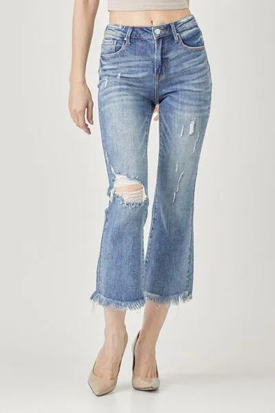 RISEN High Waist Distressed Cropped Bootcut Jeans - Jessiz Boutique