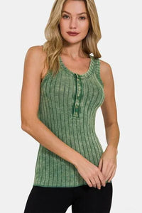 Zenana Washed Ribbed Half Snap Henry Tank - Jessiz Boutique