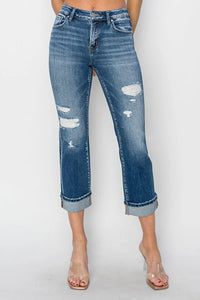 RISEN Cuffed Ankle Distressed Straight Jeans