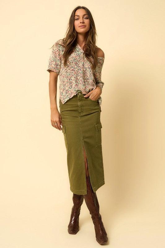 True Olive Cargo Midi Skirt