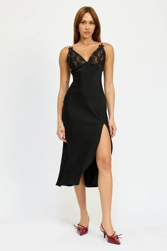 Satin Lace Cami Midi Dress with Slit