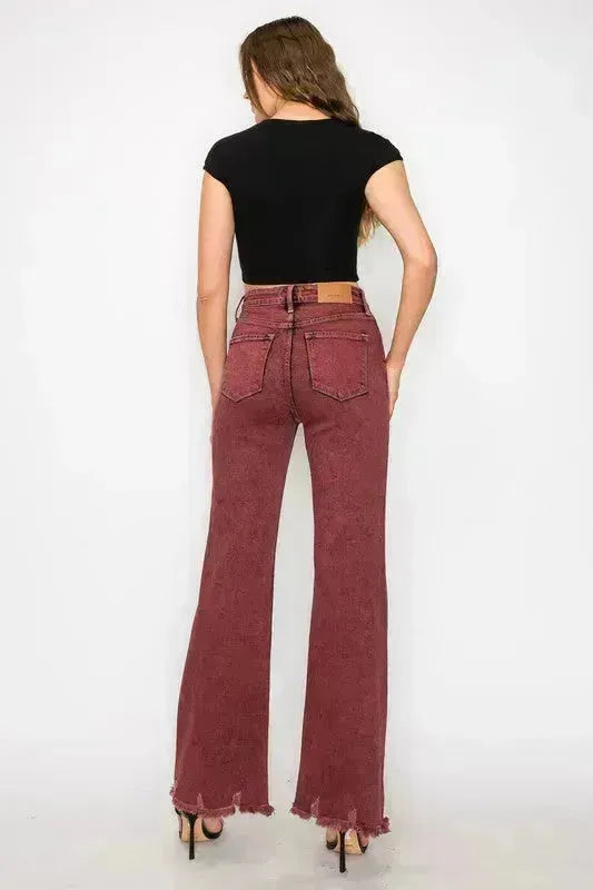 TUMMY CONTROL BURGUNDY HIGH RISE FLARE JEANS